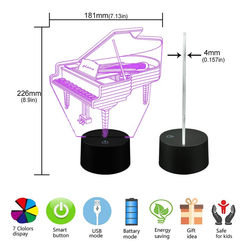 AZIMOM 3D Lamp Illusion Piano Night Light Decor 16Colors Changing Smart Touch Remote Control Optical Illusion Bedside Lamps Bedroom Home Decoration for Kids Boys & Girls Women Birthday Gifts - Image 4